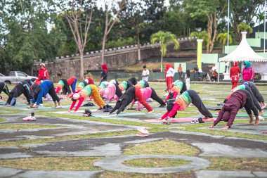 Indonesia, 29 June 2024 - A group of women are doing yoga in the park - Group of diverse women doing yoga exercises together in park in summer and having fun clipart