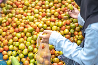 Endonezya, 5 Ekim 2024 - Geleneksel gıda pazarından taze domates seçen bir kadının yakın çekimi
