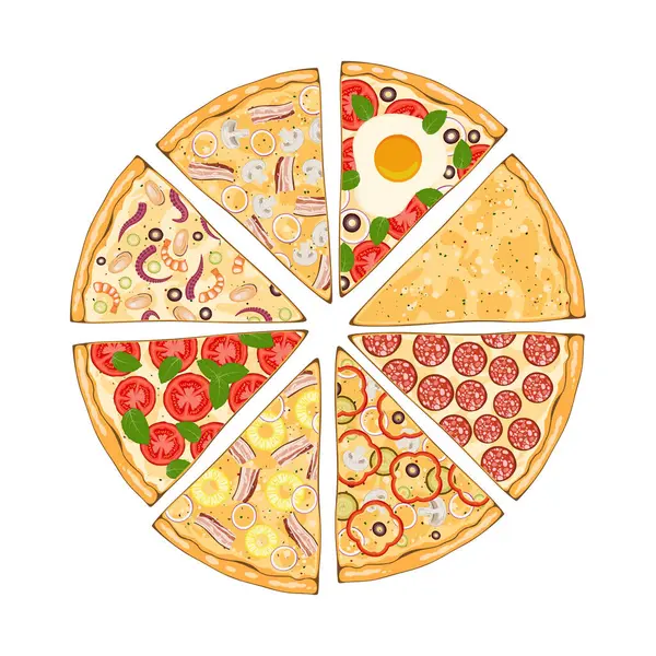 Beyaz arka planda çeşitli malzemelerle geleneksel İtalyan pizzasının üst görünümü