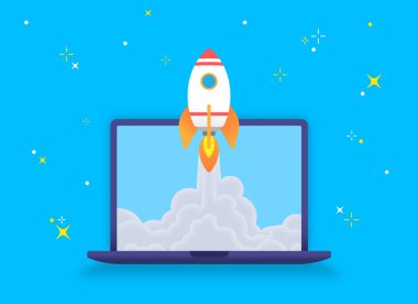Rocket launch on laptop screen clipart