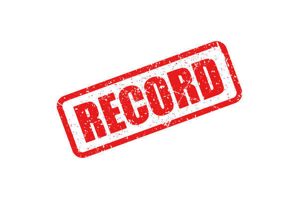 Record red grunge stamp on white background