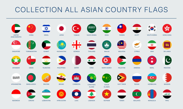 Collection of round vector images of flags of Asian states