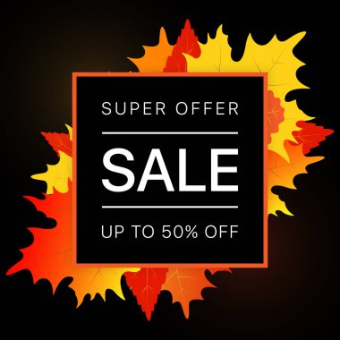 Koyu arkaplanda sonbahar yaprakları olan parlak renkli satış afişi