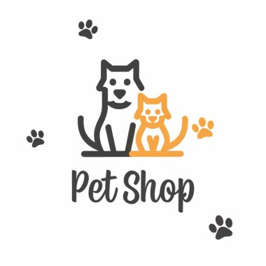 Evcil hayvan dükkanı logosu tasarım şablonu. Kedi, köpek, kedi ve köpek vektör çizimi.