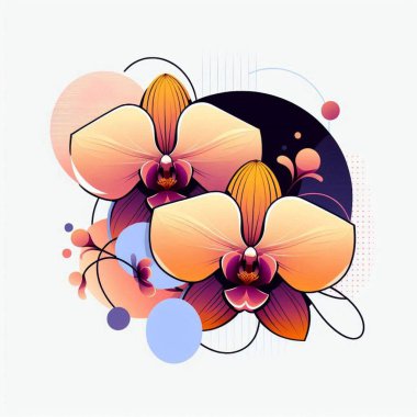 Colorful abstract floral design featuring orchid flowers and circular shapes on a minimalist background clipart