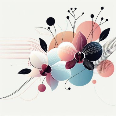 Colorful abstract floral design featuring orchid flowers and circular shapes on a minimalist background clipart