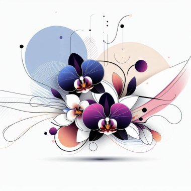 Colorful abstract floral design featuring orchid flowers and circular shapes on a minimalist background clipart