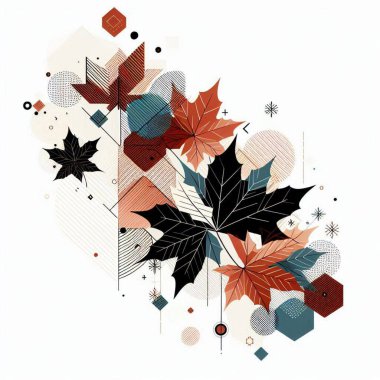 Colorful abstract floral design featuring maple leaf flowers and circular shapes on a minimalist background clipart