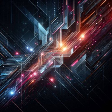 Dijital sanat, teknoloji sunumları ve çağdaş yaratıcı projeler için ideal Neon Aksanlı Geleceği Geometrik Desenler.