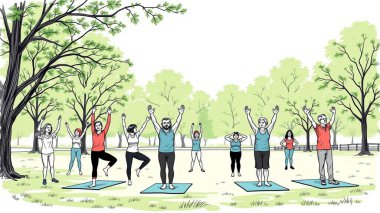 Park 'taki Açık Hava Grubu Spor Dersi - Modern Vektör İllüstrasyonu