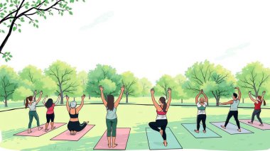 Park 'taki Açık Hava Grubu Spor Dersi - Modern Vektör İllüstrasyonu