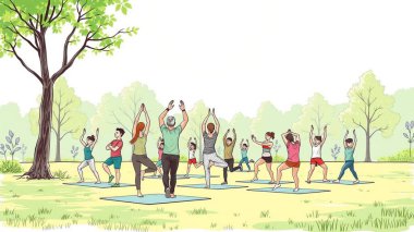 Park 'taki Açık Hava Grubu Spor Dersi - Modern Vektör İllüstrasyonu