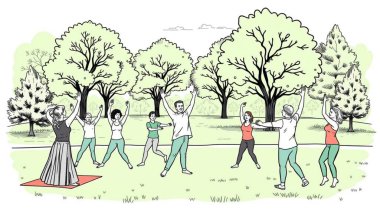 Park 'taki Açık Hava Grubu Spor Dersi - Modern Vektör İllüstrasyonu