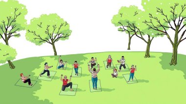 Park 'taki Açık Hava Grubu Spor Dersi - Modern Vektör İllüstrasyonu