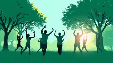 Park 'taki Açık Hava Grubu Spor Dersi - Modern Vektör İllüstrasyonu