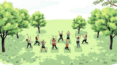 Park 'taki Açık Hava Grubu Spor Dersi - Modern Vektör İllüstrasyonu