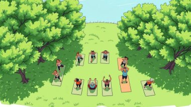 Park 'taki Açık Hava Grubu Spor Dersi - Modern Vektör İllüstrasyonu