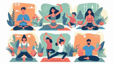 Yoga yapan karakterleri, sağlık kampanyaları, uygulama arayüzleri ve sağlık blog yazıları için idealleri içeren düz stil bir vektör illüstrasyonuName.  