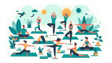 Yoga yapan karakterleri, sağlık kampanyaları, uygulama arayüzleri ve sağlık blog yazıları için idealleri içeren düz stil bir vektör illüstrasyonuName.  