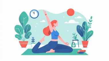 Yoga yapan karakterleri, sağlık kampanyaları, uygulama arayüzleri ve sağlık blog yazıları için idealleri içeren düz stil bir vektör illüstrasyonuName.  