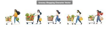 Alışveriş arabasını poşetlerle dolduran genç bir kadının düz çizimi. Yemek teslimatı, süpermarket reklamları ve e-ticaret promosyonları için ideal..