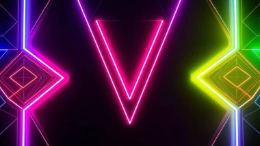 Dijital sanat, teknoloji sunumları ve çağdaş yaratıcı projeler için ideal Neon Aksanlı Geleceği Geometrik Desenler.