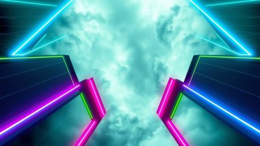 Dijital sanat, teknoloji sunumları ve çağdaş yaratıcı projeler için ideal Neon Aksanlı Geleceği Geometrik Desenler.