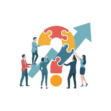 Sorun çözme, takım çalışması, yenilik ve iş büyümesini sembolize eden yukarı doğru ok şeklinde bir soru işareti bulmacasını çözmek için işbirliği yapan bir iş adamının vektör ilülasyonu.