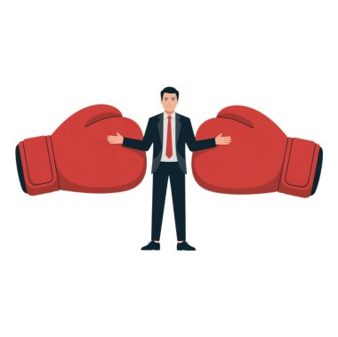 İki karşıt boks eldiveni arasında duran, çatışmayı, anlaşmazlığı veya rekabeti temsil eden bir işadamının vektör çizimi.