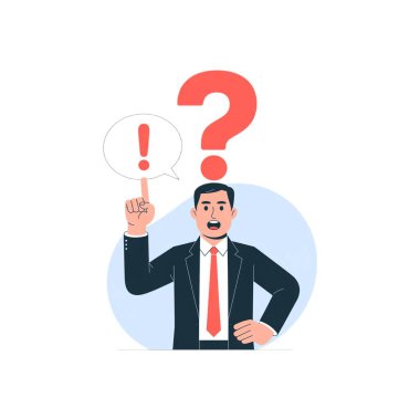 Kafasının üstünde büyük bir soru işareti olan bir işadamının vektör çizimi merakı, problem çözmeyi, yeniliği ve çözümleri sembolize ediyor..
