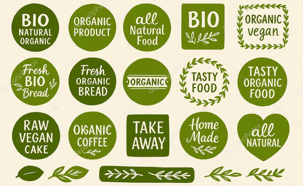 A collection of green hand-drawn labels in various shapes on a soft beige background