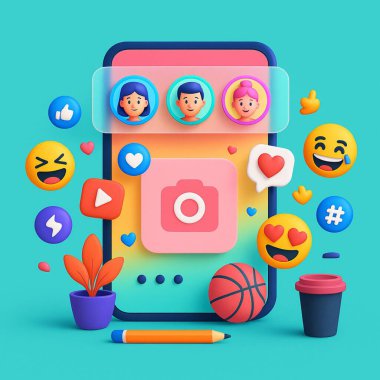 Sosyal medya arayüzü gösteren büyük bir akıllı telefonun vektör çizimi, renkli 3D şekilli emojilerle çevrili, sosyal medya simgeleri