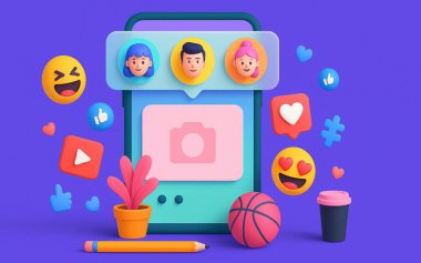 Sosyal medya arayüzü gösteren büyük bir akıllı telefonun vektör çizimi, renkli 3D şekilli emojilerle çevrili, sosyal medya simgeleri