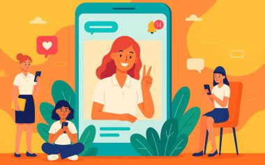 Üç genç kadının dev bir mobil cihaz ekranı etrafında akıllı telefonlarıyla etkileşim kurduğunu gösteren düz vektör çizimi.