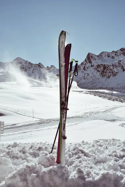 skis stuck in the snow in Ordino Arcalis in Andorra on November 29, 2021