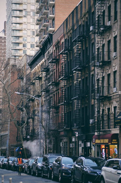 Typical buildings with fire escapes in Manhattan in New York City in the United States on February 17, 2020