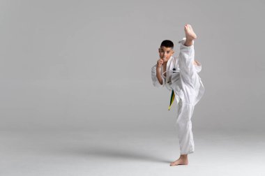 Kyokushinkai karate antrenmanı yapan genç bir çocuk, güçlü tekmeler atıyor ve parlak bir stüdyoya odaklanıyor.
