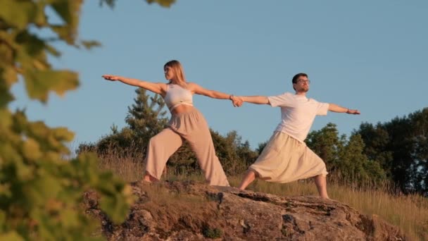 Young Adult Couple Holding Hands Man Woman Practing Yoga Outdoor — стокове відео