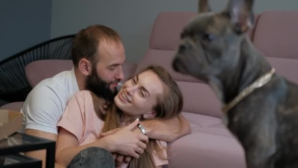 Cheerful Man Woman Smiling Hugging While Pet French Bulldog Pitifully — Αρχείο Βίντεο