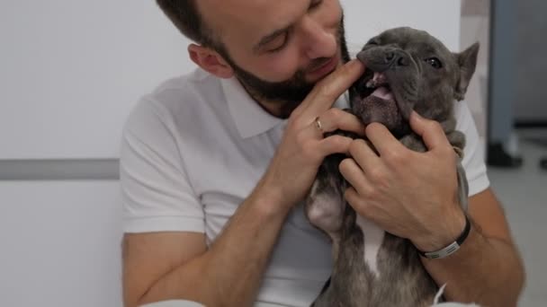 Adult Caucasian Man Hugging His Lovely Pet Little French Bulldog — Stockvideo