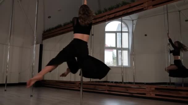 Pole Dancer Does Acrobatic Elements Athletic Young Woman Performs Tricks — Stock video