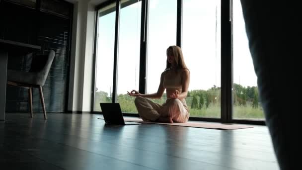 Woman Using Laptop Participates Yoga Online Class Home Panoramic Window — Vídeos de Stock