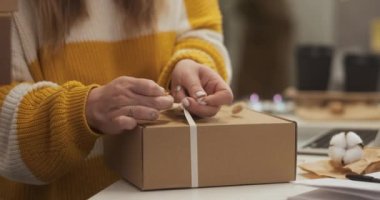 Close up of entrepreneur female packing product in box, woman starting small business at home