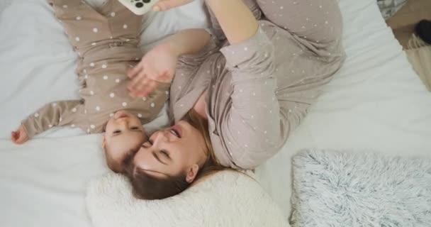 Top Young Mother Happy Baby Child Waving Hands Video Call — Stock Video