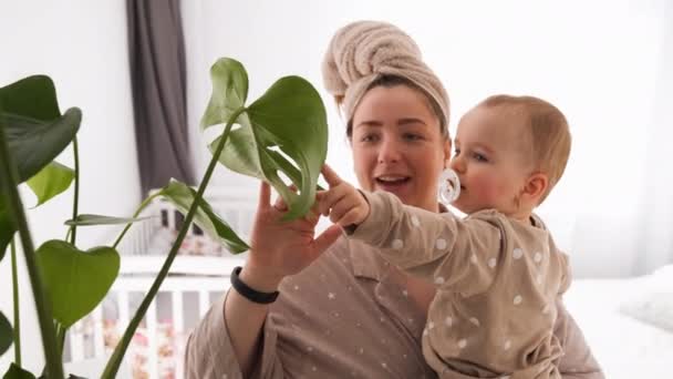 Young Mom Baby Daughter Her Arms Looking Plant Bedroom Mother — Stock Video