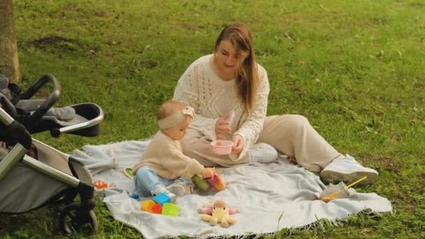Young Mother Young Baby Daughter Picnic Park Mom Child Outdoors — Vídeo de stock