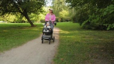 Young mother walking in the summer park with her young daughter in a baby carriage outdoors. High quality 4k footage