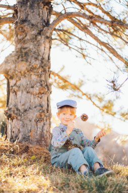 Ormandaki bir çam ağacının altında oturan kızıl saçlı çocuk ya da mavi süitte park eden ve papyon takan çocuk çam kozalakları tutuyor. Yüksek kalite fotoğraf