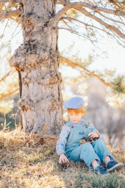 Ormandaki bir çam ağacının altında oturan kızıl saçlı çocuk ya da mavi süitte park eden ve papyon takan çocuk çam kozalakları tutuyor. Yüksek kalite fotoğraf