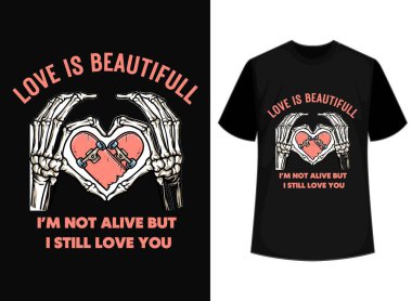  Grafik tişört tasarımı, iskelet eli ve sevgi dolu aşk sloganı, tişört için vektör illüstrasyonu.